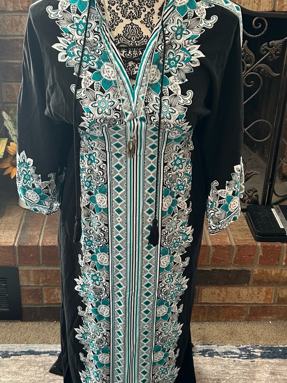 Black Maxi Dress with Teal & White Floral Embroidery